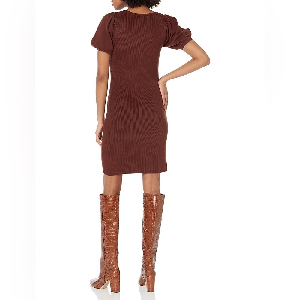 NWT FRENCH CONNECTION Chocolate Ribbed Puff Sleeve Dress (M) - Picture 2 of 11